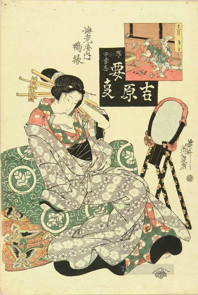 portrait of the courtesan kamoen of ebiya relaxing on folded futon 1825 Keisai Eisen Ukiyoye Oil Paintings